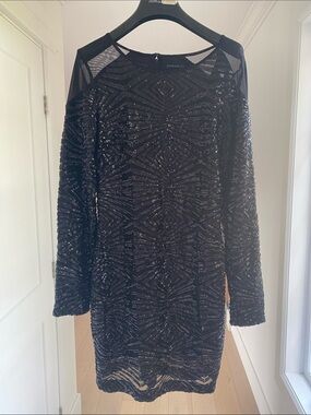 Dynamite Black Sequin Long-Sleeve Mesh-Trim Dress